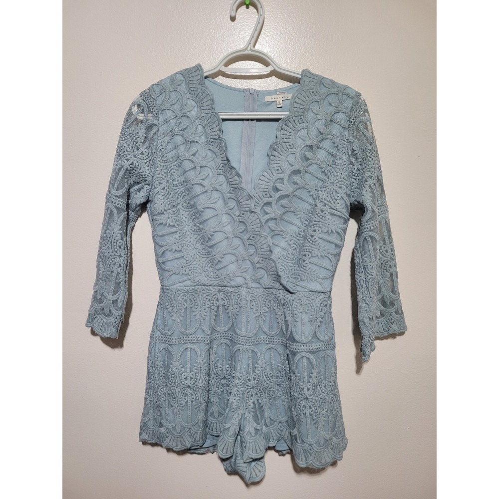 Bae Vely Light Blue Lace Crochet V Neck 3/4 Sleeve Romper Jumpsuit Women's S‎